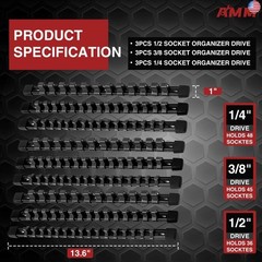 AMM 9-Piece Socket Organizer, 1/2 inch, 3/8 inch and 1/4 inch Drive ABS