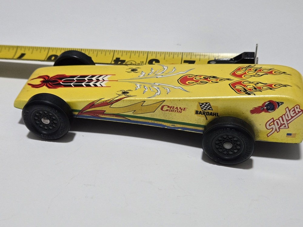 Vtg Pinewood Derby Custom Weighted Race Car Wood Racer OOAK Black Widow + Decals
