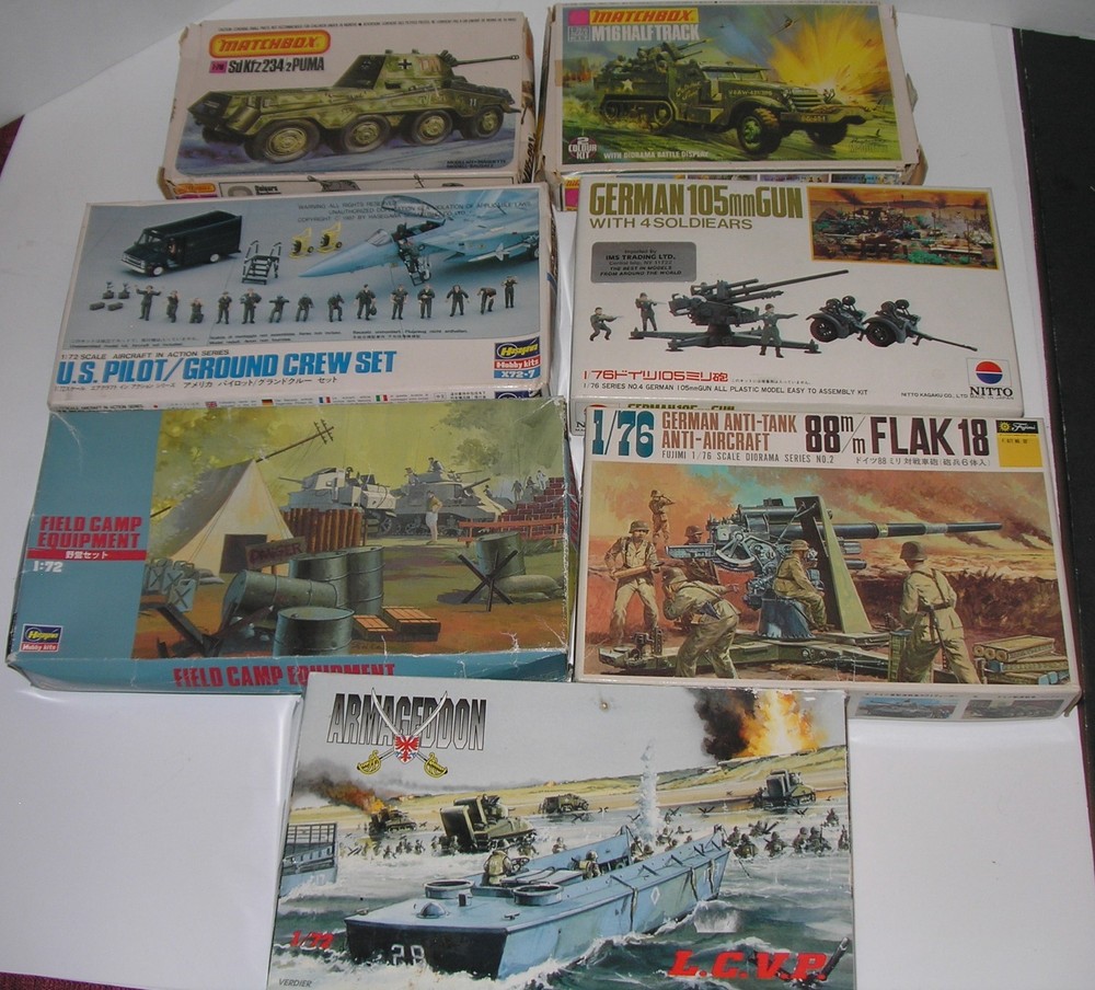 LOT of 7 Military Model Kits- Matchbox Hasegawa Nitto Fujima Complete open box