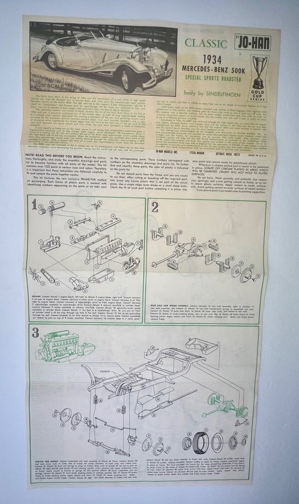 JOHAN 1:25 Classic 1934 Mercedes-Benz 500K Roadster Model Kit INSTRUCTIONS ONLY