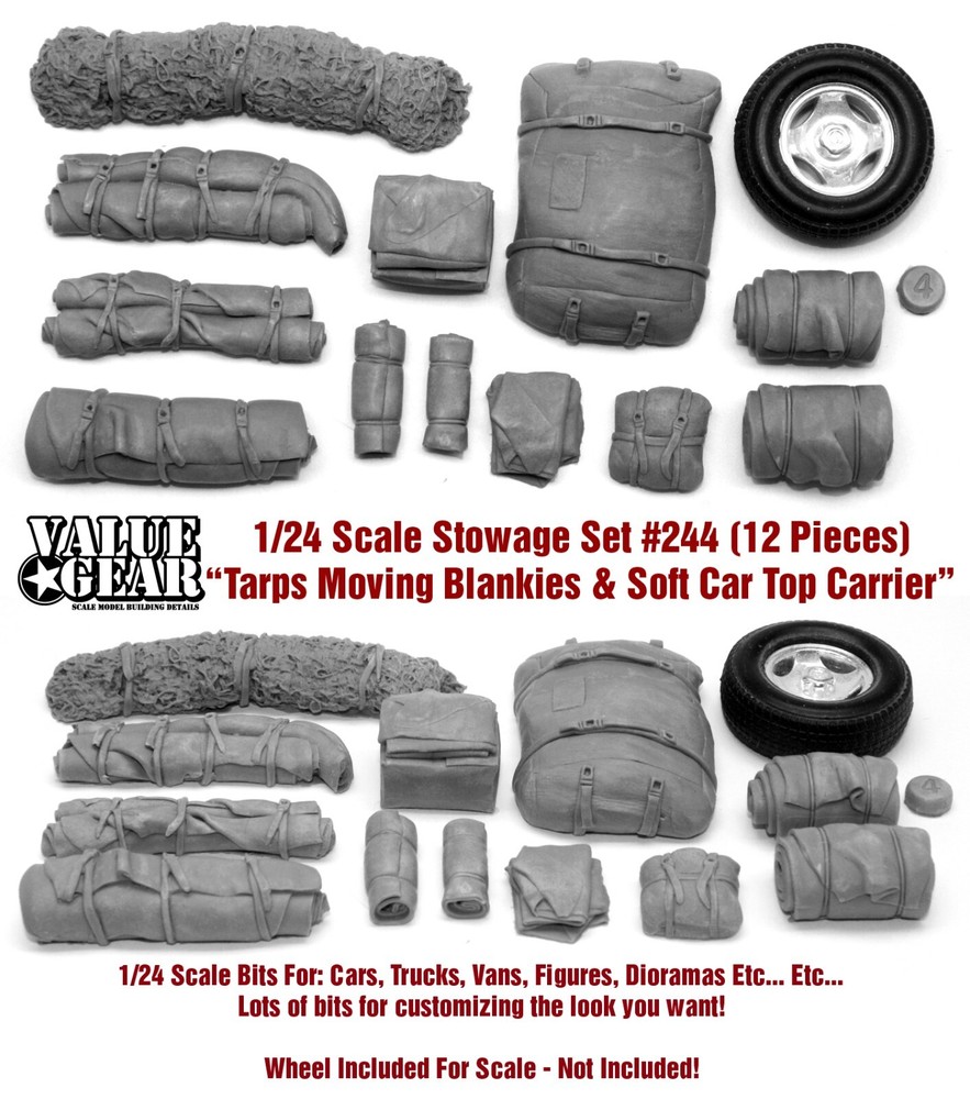 1/24 Set #244 Tarp Rolls, Bundles & Soft CarTop Carrier (12 Pieces) -Value Gear