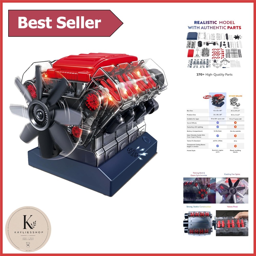 V8 Combustion Engine Model Kit for Kids & Adults – 270 Parts, Battery-Powered