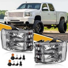 Headlight Assembly Compatible with GMC Sierra Chrome Housing White Reflector