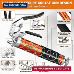 18-Piece 8000PSI Heavy Duty Grease Gun Kit with 14oz Grease, 2×11″ Hoses, Flex H