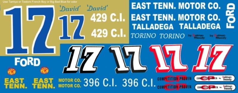#17 David Pearson EAST TENN. Motors 1968 Ford 1/24th – 1/25th Scale Decals