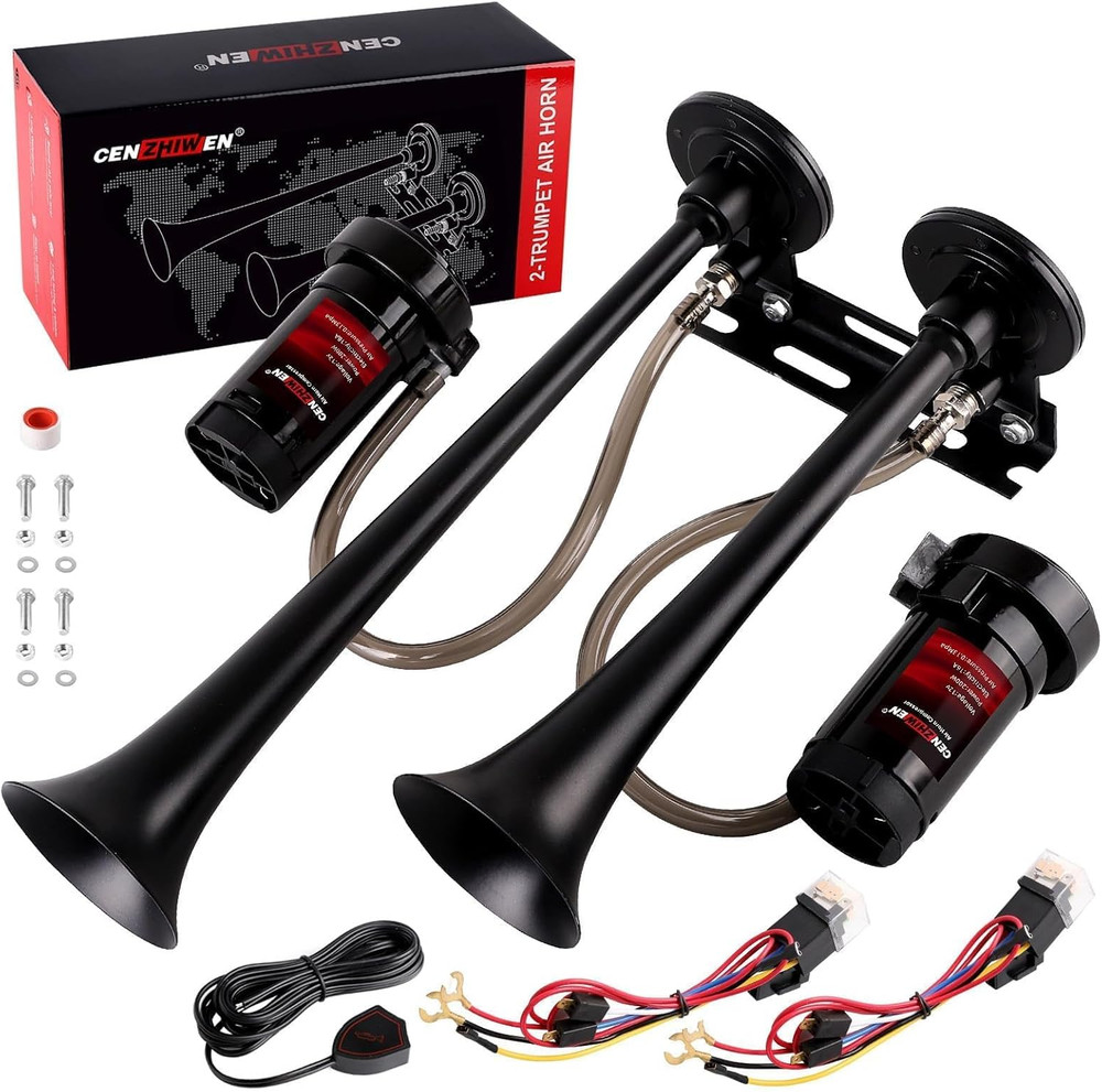 Dual 2-Trumpet Metal Air Horn for Truck Kit with 2 Air Compressors,12V 150Db Ult