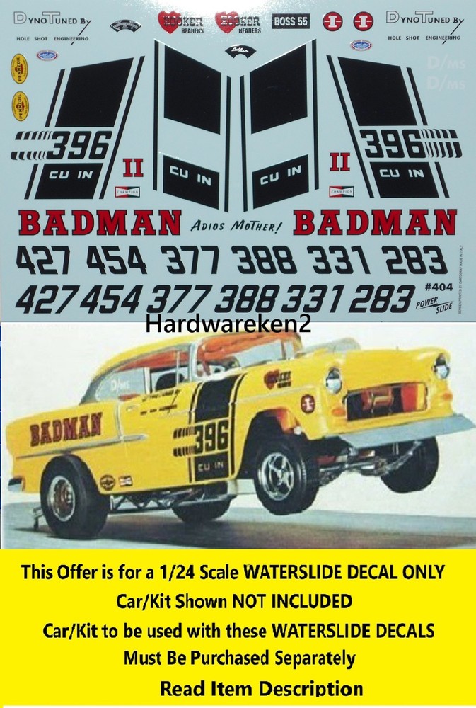 WATERSLIDE DECAL TOM DANIELS BADMAN 1955 CHEVY GASSER DRAG CAR 1/24 POWERSLIDE