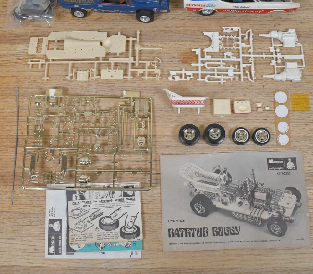 Rare Vtg Model Kit Parts Monogram PC223 Bathtub Buggy + 2 Ford Mustangs