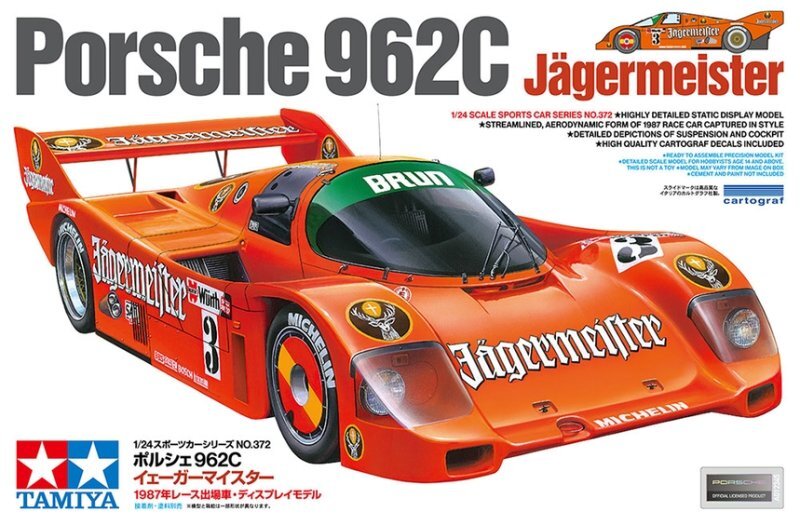 Tamiya 24372 1/24 Scale Model Sport Car Kit Brun Porsche 962C Jagermeister 1987