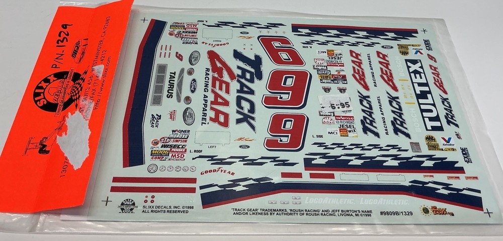 Slixx Decals 1:24-1:25 Scale #9 Jeff Burton Track Gear New