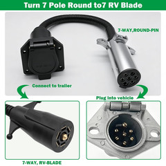 7 Pin round to 7 Pin Flat Adapter,7 Pole round to 7 Way RV Blade Trailer Plug,Tr