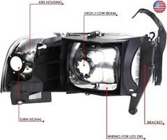 DNA MOTORING HL-LB-DR944-CH-AM Chrome Amber Headlights with LED DRL Compatible