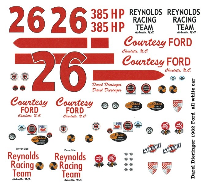 #26 Darel Dieringer Courtesy Ford 1962 Ford 1/24th Scale Nascar Waterslide Decal