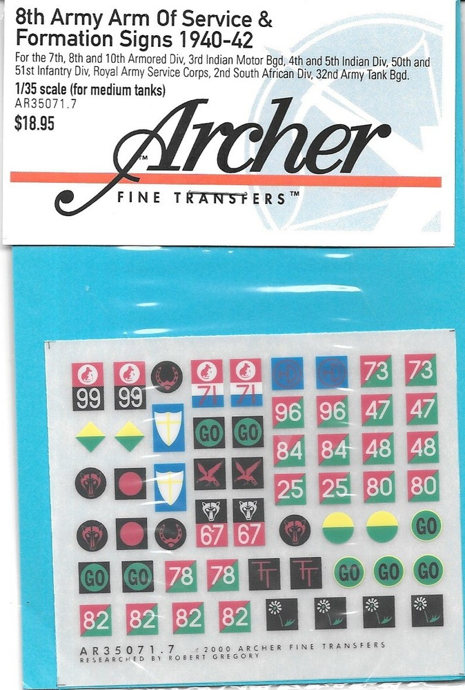Archer British 8th Army Arm Of Service Formation Tank Transfer Decals AR35071.7