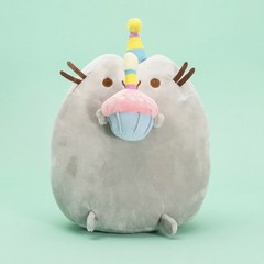 Gray Cat Plush Toy Holding Birthday Cupcake with Party Hat