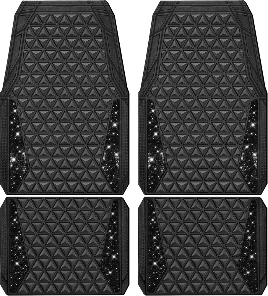 CAR PASS Bling Diamond Car Mats Rubber Floor Mats Full Set Anti-Slip 3D Rhombus