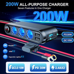 12V Cigarette Lighter Socket Splitter, 200W 3 Socket Multi Port Car Cigarette Li