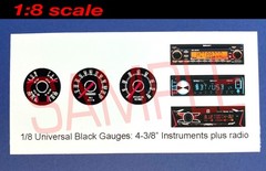 1/8 UNIVERSAL-STYLE 4-3/8″ BLACK GAUGES plus RADIO for 1/8 scale MODEL kits—READ