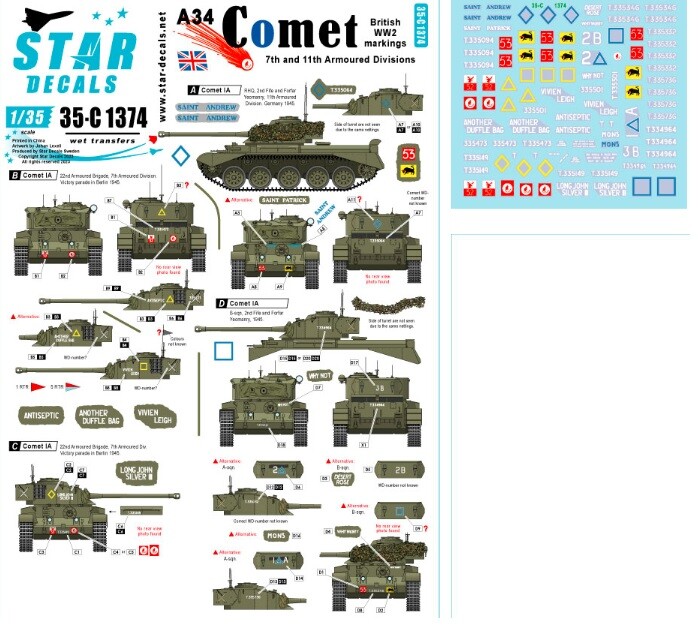 Decals for 1/35 A34 Comet. WWII British markings. 7th & 1th Armoured Divisions