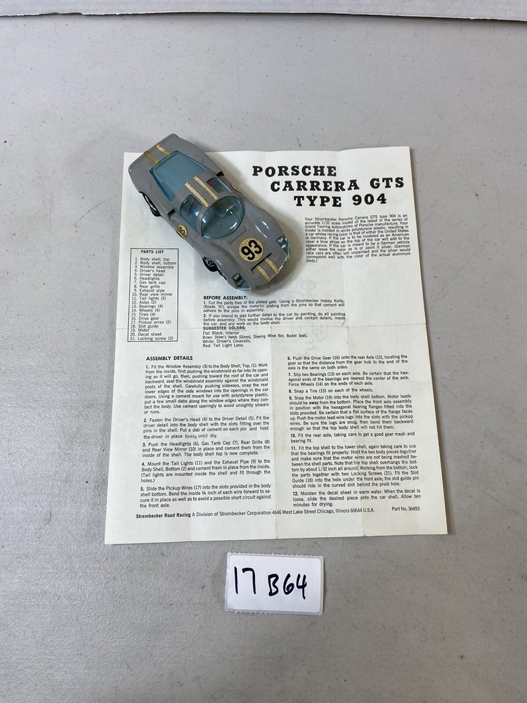Strombecker Porsche Carrera GTS 904 slot racing car racer toy model manual 17B64