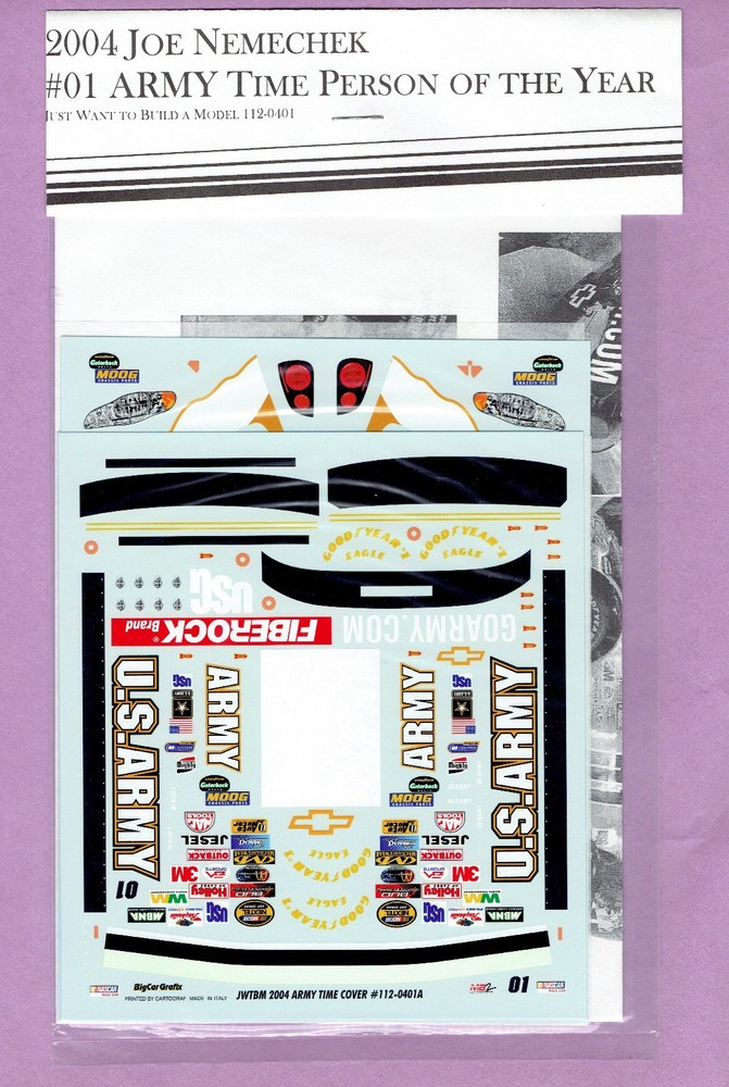 1/24 JWTBM 2004 JOE NEMECHEK #01 ARMY PERSON OF THE YEAR CHEVY NASCAR DECAL
