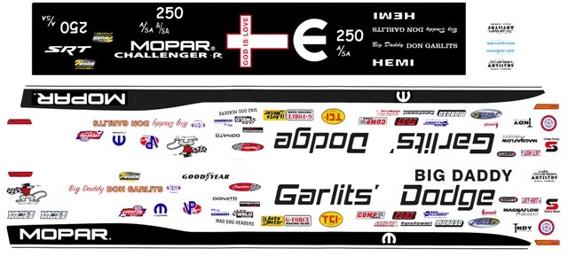 Don Garlits Dodge Pack Challenger NHRA Drag 1/24th – 1/25th Scale Decals