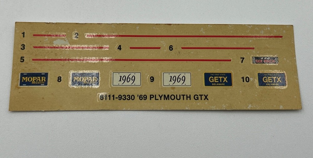 AMT 6111 1969 ’69 Plymouth GTX Hardtop Plastic Model Kit – Decal Sheet Only