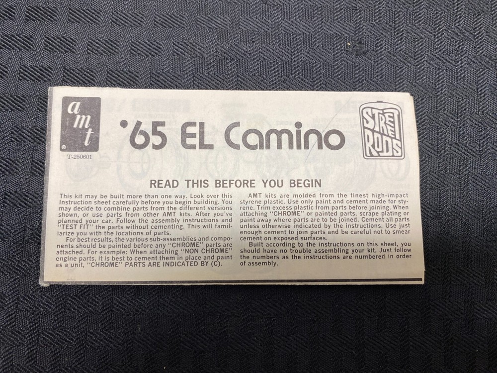 AMT ’65 Chevrolet El Camino T250 Street Rods Series 1974 Instructions Original