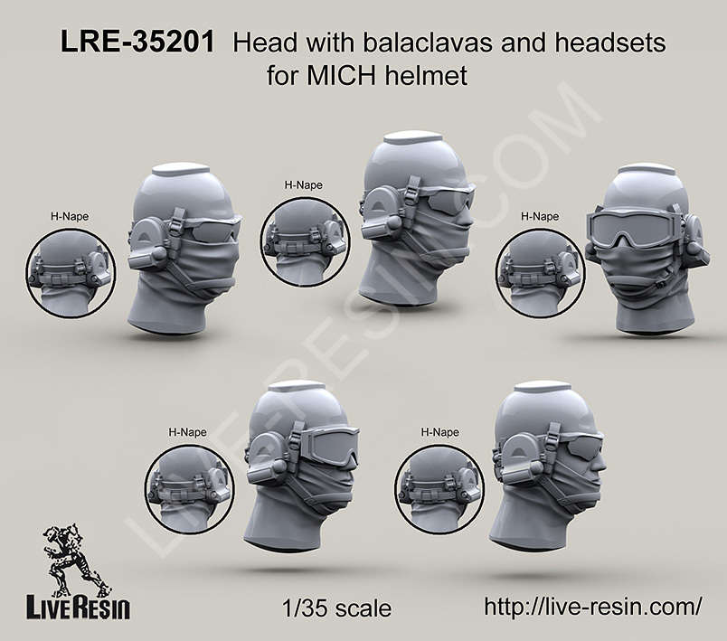 Live Resin 1/35 LRE-35201 Head with Balaclavas and Headsets for MICH Helmet