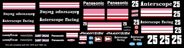 #25 DANNY ONGAIS INTERSCOPE RACING 1979 & 1985 1/24th – 1/25th Scale Decals