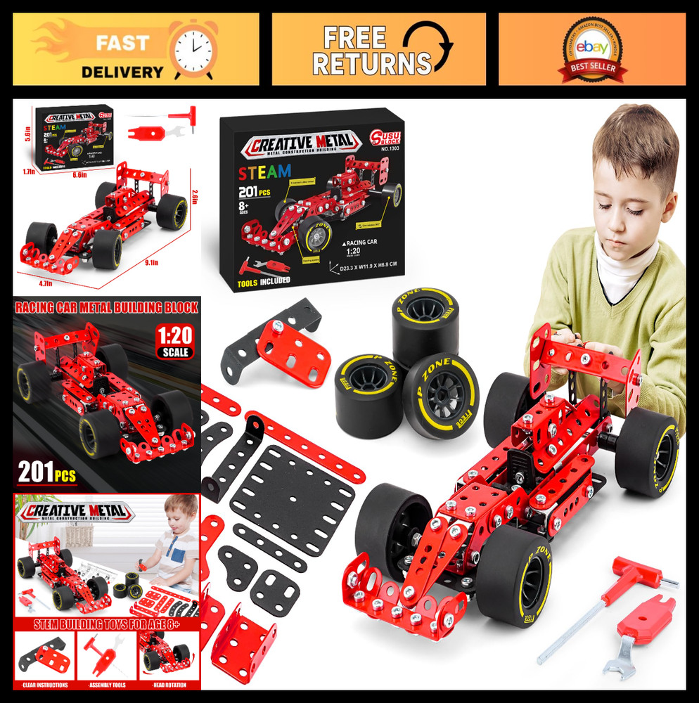 STEM Metal Model Car Kits for Boys 8-16, Erector Set 1:20 Scale Red Racing Car