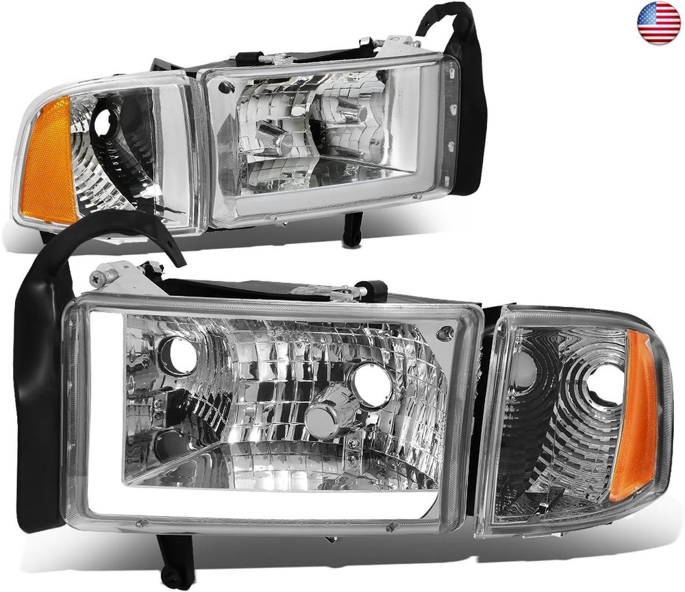 DNA MOTORING HL-LB-DR944-CH-AM Chrome Amber Headlights with LED DRL Compatible