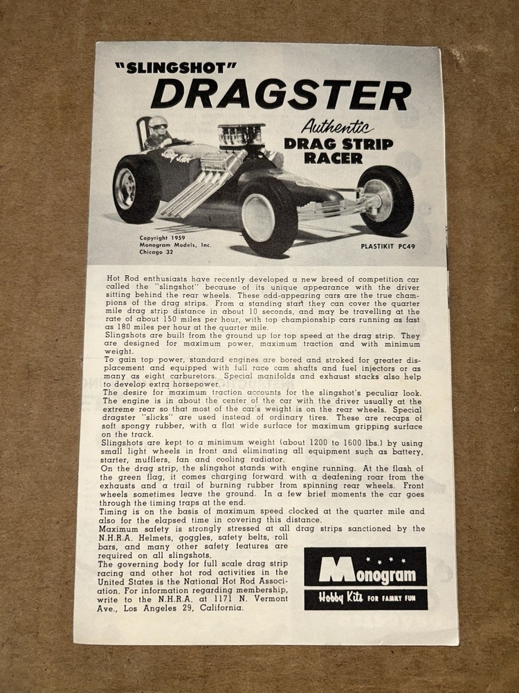 1959 Monogram ‘Slingshot’ Dragster Model Kit Instructions Sheet PC49