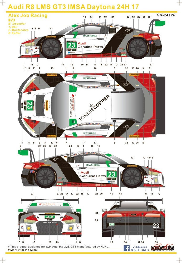 SK Decal 1/24 Audi R8 LMS GT3 Daytona 24h 2017 No.23 Full Decal for PLATZ 10110
