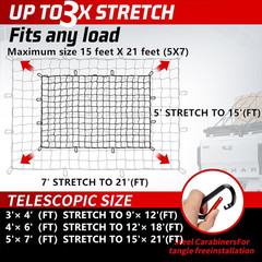 Heavy Duty Cargo Net for Pickup Truck Bed – Stretches from 5′ x 7′ to 15′ x 21′