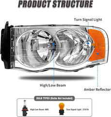 Headlight Assembly Compatible with 2002-2005 Dodge Ram 1500/03-05 Ram 2500 3500