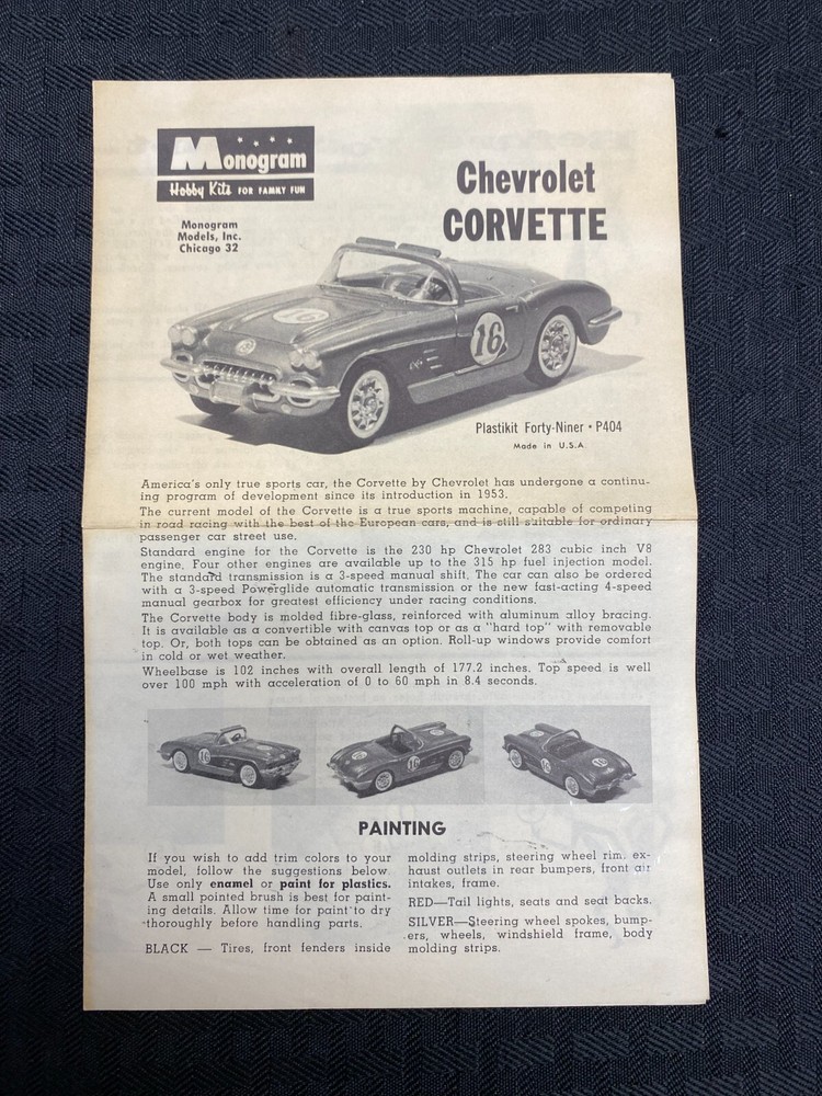 Monogram 1960 Chevrolet Corvette Plastikit P404 1/32 Instructions Manual Sheet