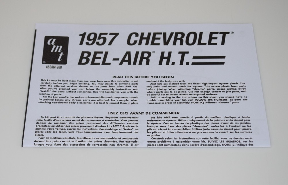 AMT 1957 CHEVY BEL AIR #638M/12 ⭐PARTS⭐ INSTRUCTION BOOKLET 1:25