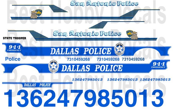 Dallas & San Antonio Police 1/24th – 1/25th Scale WATERSLIDE DECALS