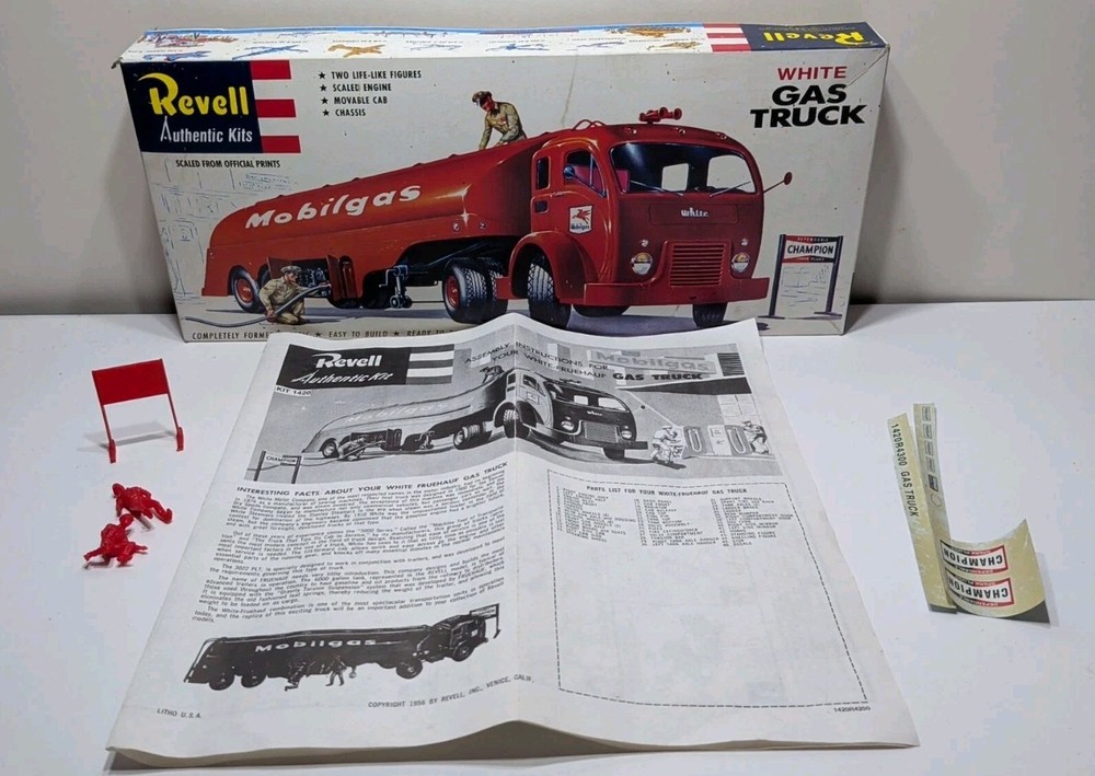 ✨VINTAGE✨ Revell 1:48 1956 Fruehauf Mobilgas White Gas Truck – BOX + PARTS ONLY