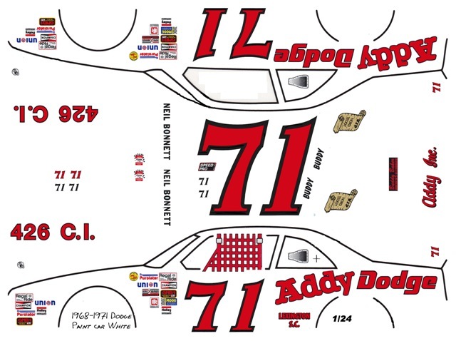 #71 Buddy or Neil Addy Dodge 1/24th – 1/25th Scale Waterslide Decals