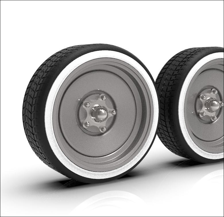 1:18 20×9 US Steel wheel and White Wall tires. Chrome Cap 26mm tall tires