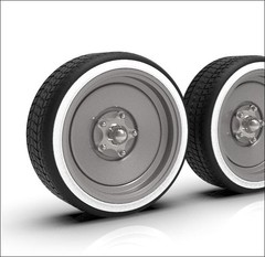 1:25 20×9 US Steel wheel and White Wall tires. Chrome Cap 26mm tall tires