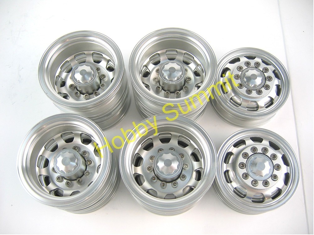 B Set 1/14 R/C 3-Axle 6X4 Tractor Truck ALLOY WHEELS SILVER Rims re Tamiya