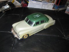 Vintage 1950s Chevrolet Promo Car Bank in two tone green with key in 1/25 scale