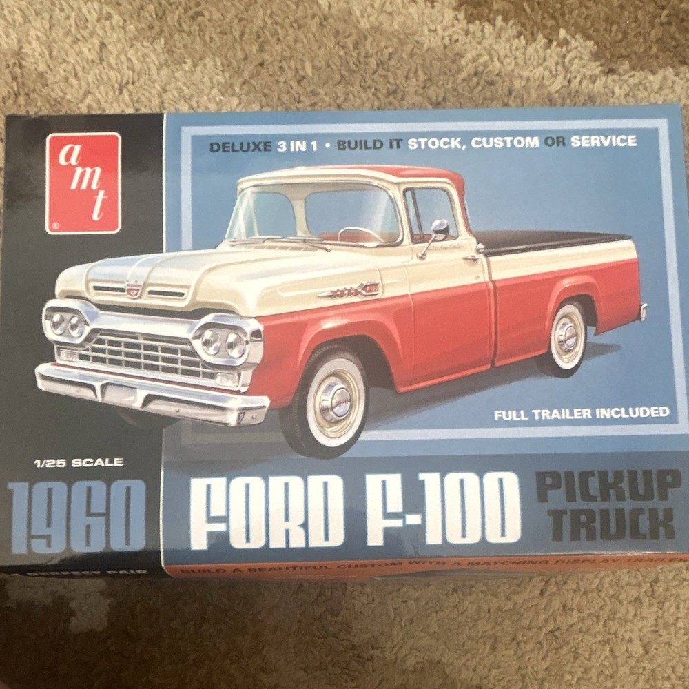 AMT 1:25 1960 Ford F-100 Pickup Truck Plastic Model Kit w/ Trailer, Decals.