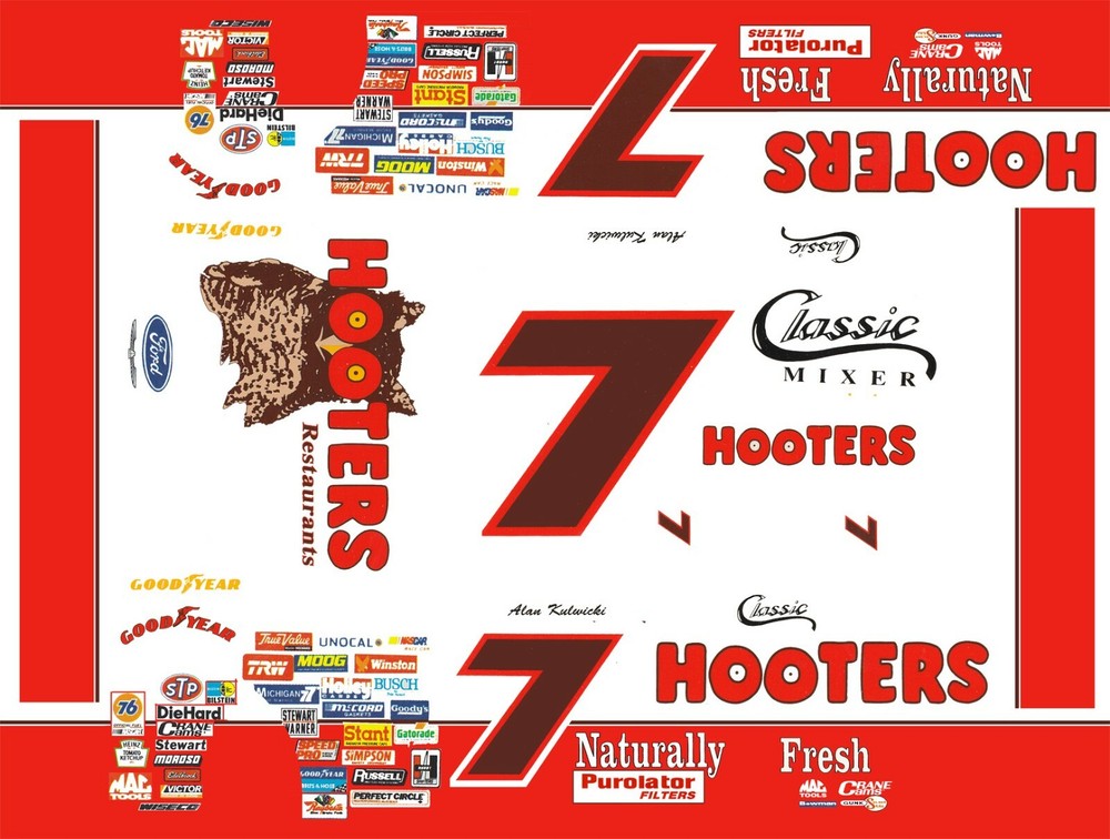 #7 Alan Kulwicki Hooters Thunderbird 1/24th – 1/25th Scale Decals