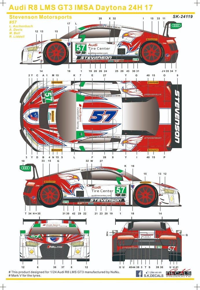 S.K. Decals SK24119 1:24 Audi R8 LMS GT3 IMSA Daytona 24H 2017 #57 Stevenson MS