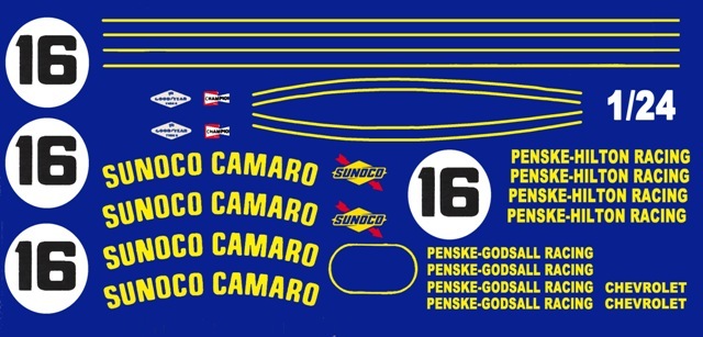 #16 Penske-Hilton Sunoco Camaro 1967 1/25th – 1/24th Scale Waterslide Decals