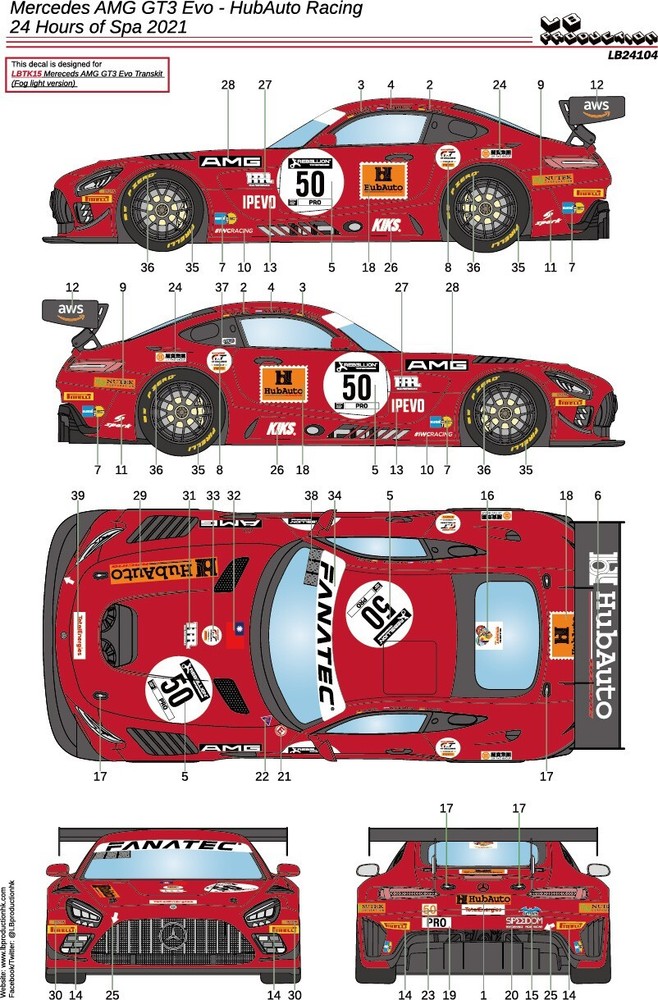 LB Production 1/24 Mercedes AMG GT3 Evo HubAuto Racing Spa 24H ’21 Decal LB24104